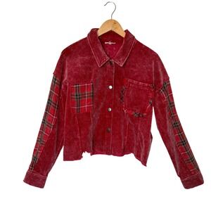 Mystree Corduroy Shacket Plaid Sleeve Red Cropped Jacket Boho Raw Hem Large